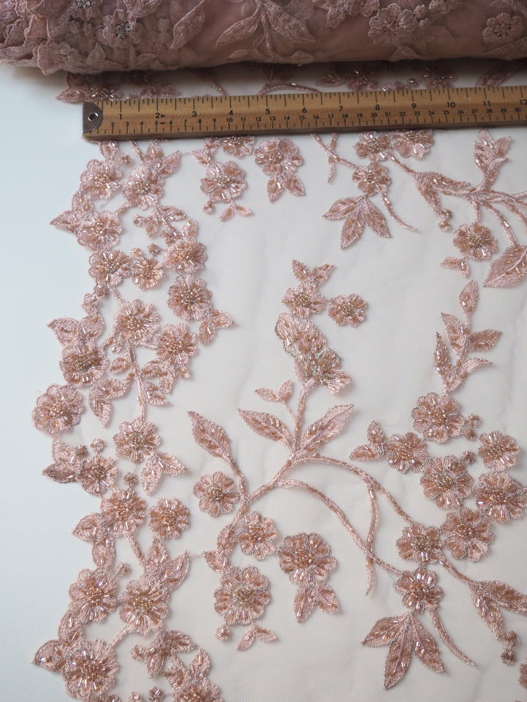 Soft Pink Lurex Beaded Embroidered Floral Tulle