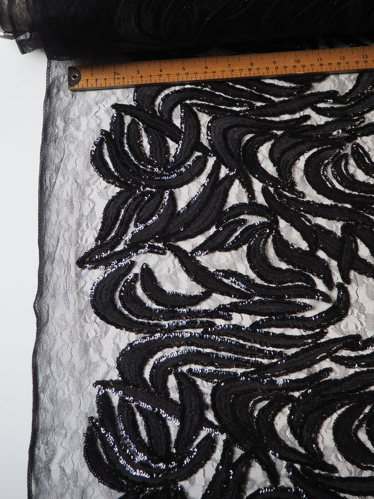 Black Trailing Vine Embroidered Sequin Lace