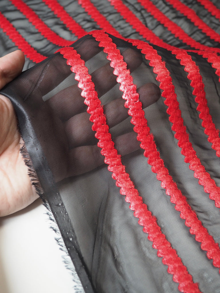 Red Embroidered Stripe Chiffon