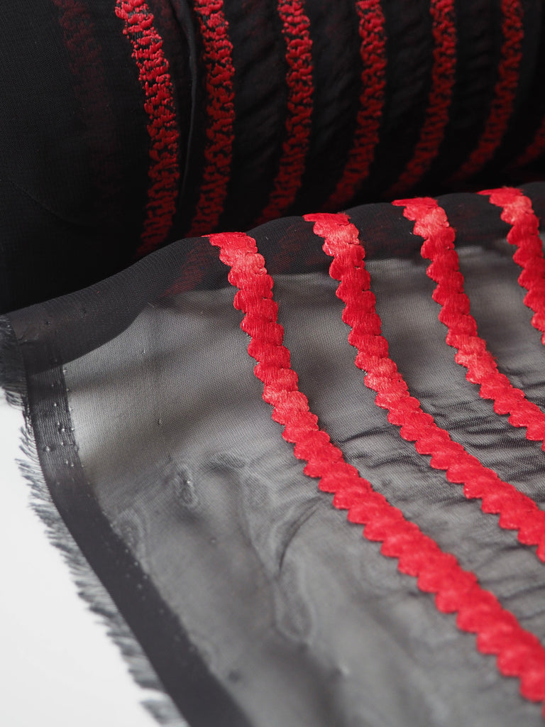 Red Embroidered Stripe Chiffon