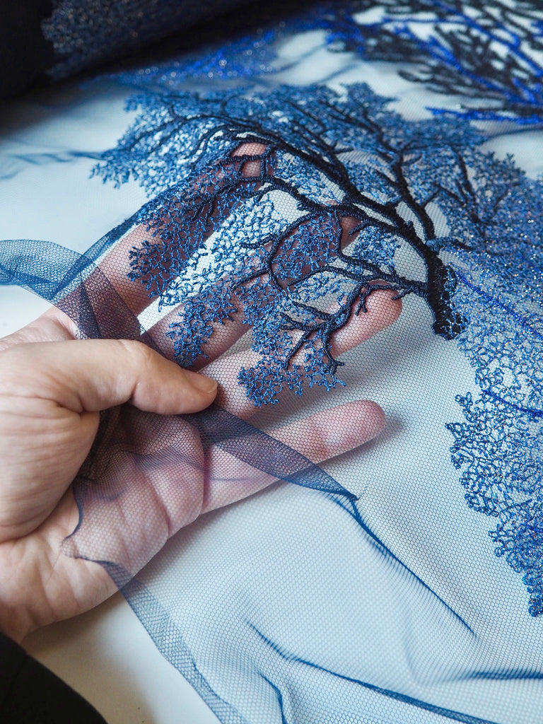 Rich Indigo Coral Lurex Embroidered Tulle