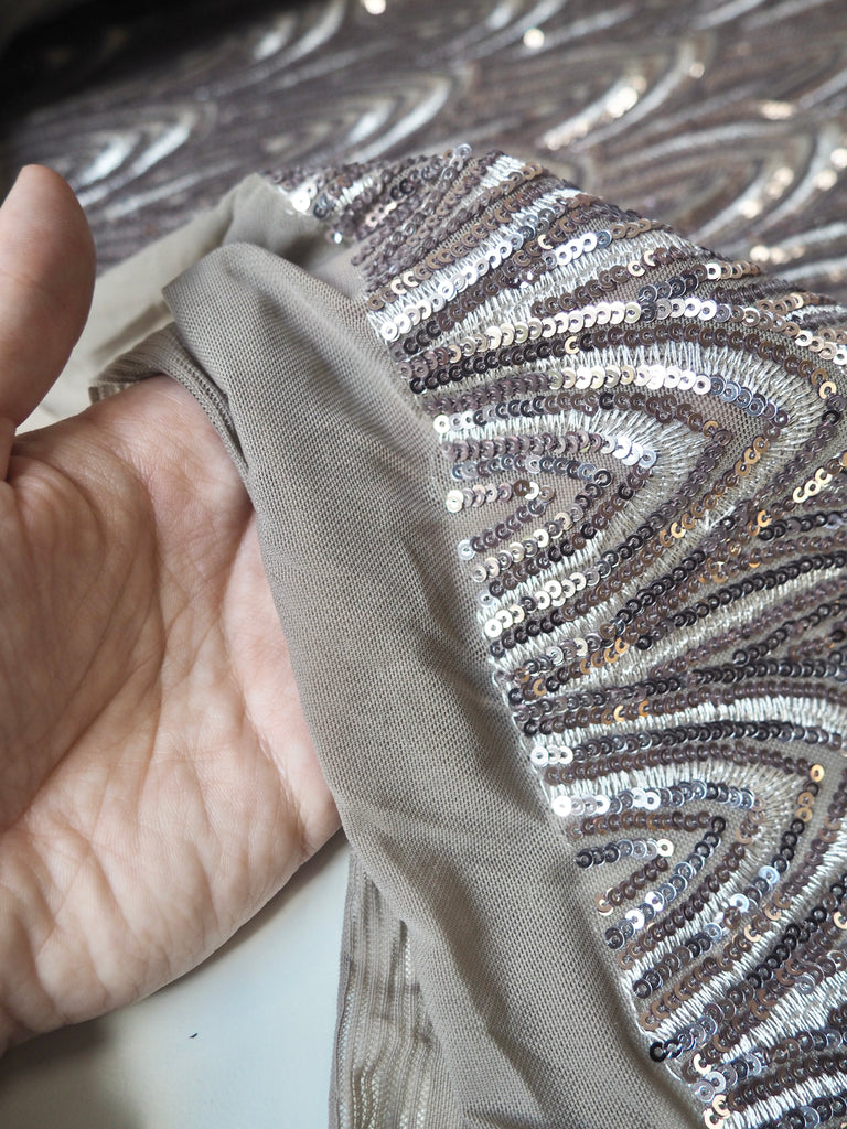Taupe + Silver Striped Sequin Stretch Mesh