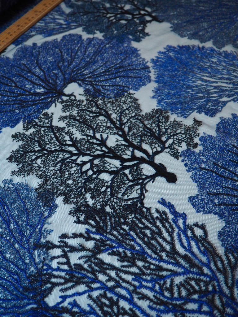 Rich Indigo Coral Lurex Embroidered Tulle