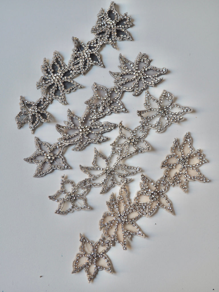 Hand Beaded Medium Silver Outline Floral Crystal Appliqué