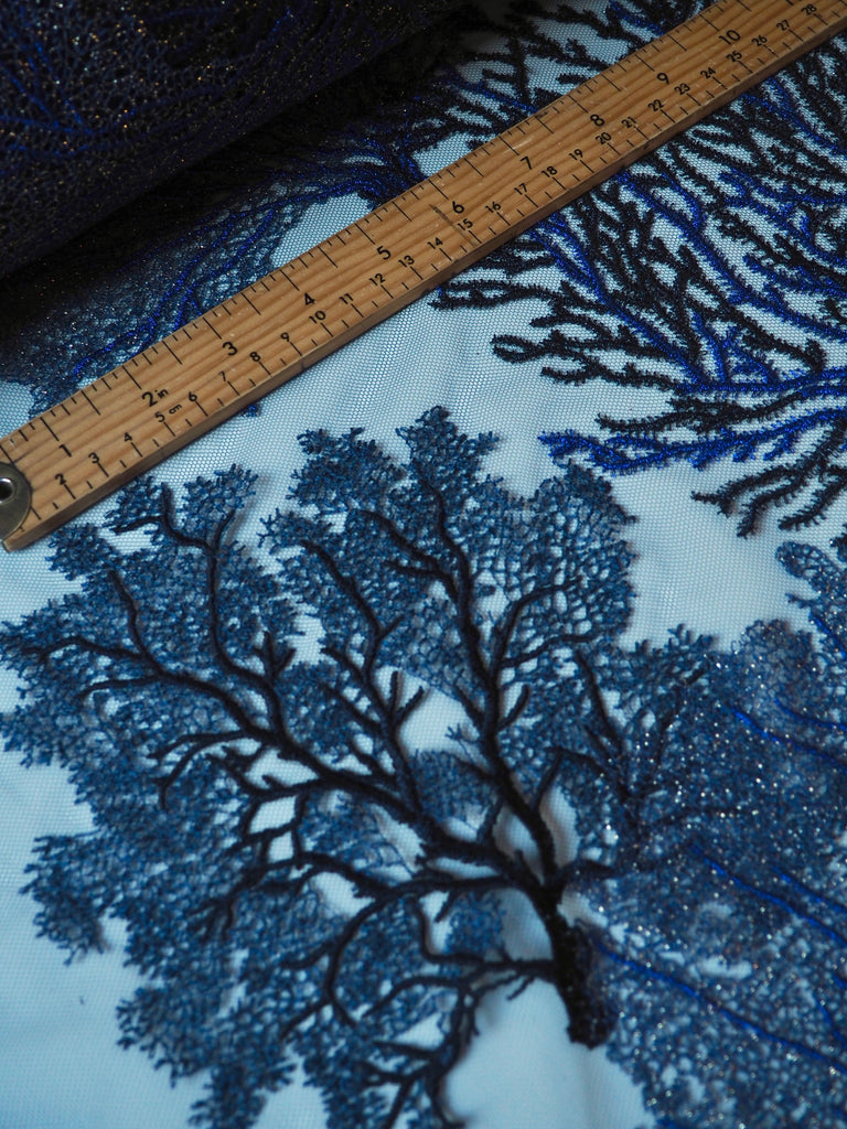 Rich Indigo Coral Lurex Embroidered Tulle