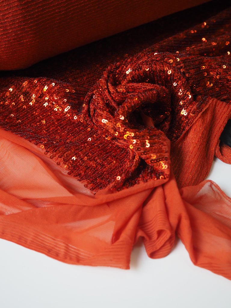 Burnt Orange Sequin Stretch Mesh