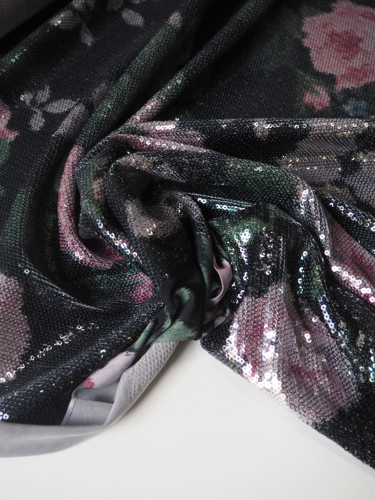 Rose Black Sequin Printed Jersey