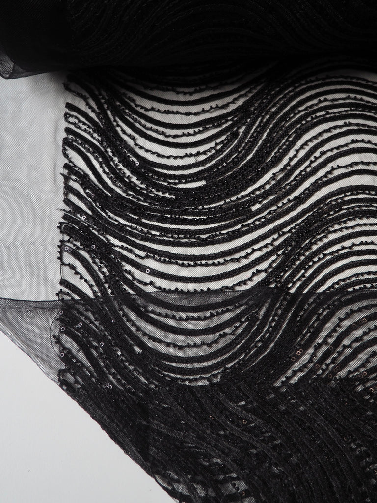 Black Wave Beaded Sequin Tulle