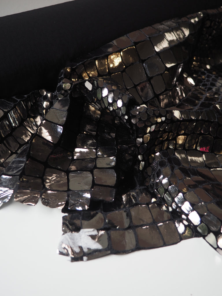 Silver Croc Foiled Black Silk/Viscose Velvet