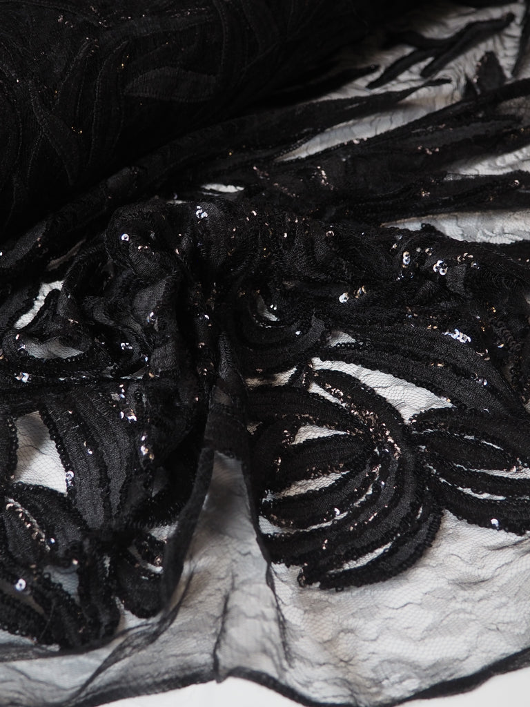 Black Trailing Vine Embroidered Sequin Lace