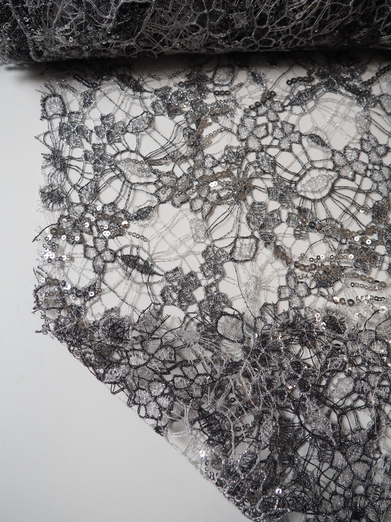 Silver Sequined Floral Lurex Web Lace