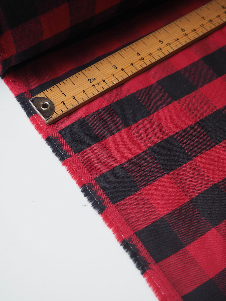 Red + Black Check Fleece-Back Cotton Twill