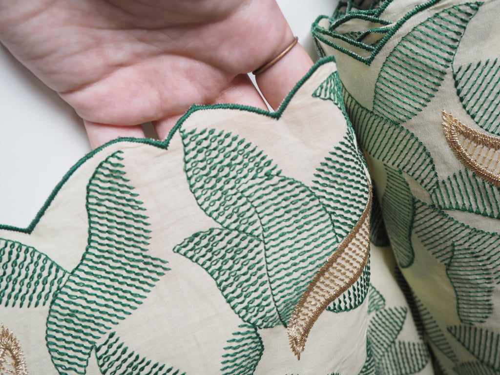 Green + Gold Leaf Scallop Embroidered Cotton