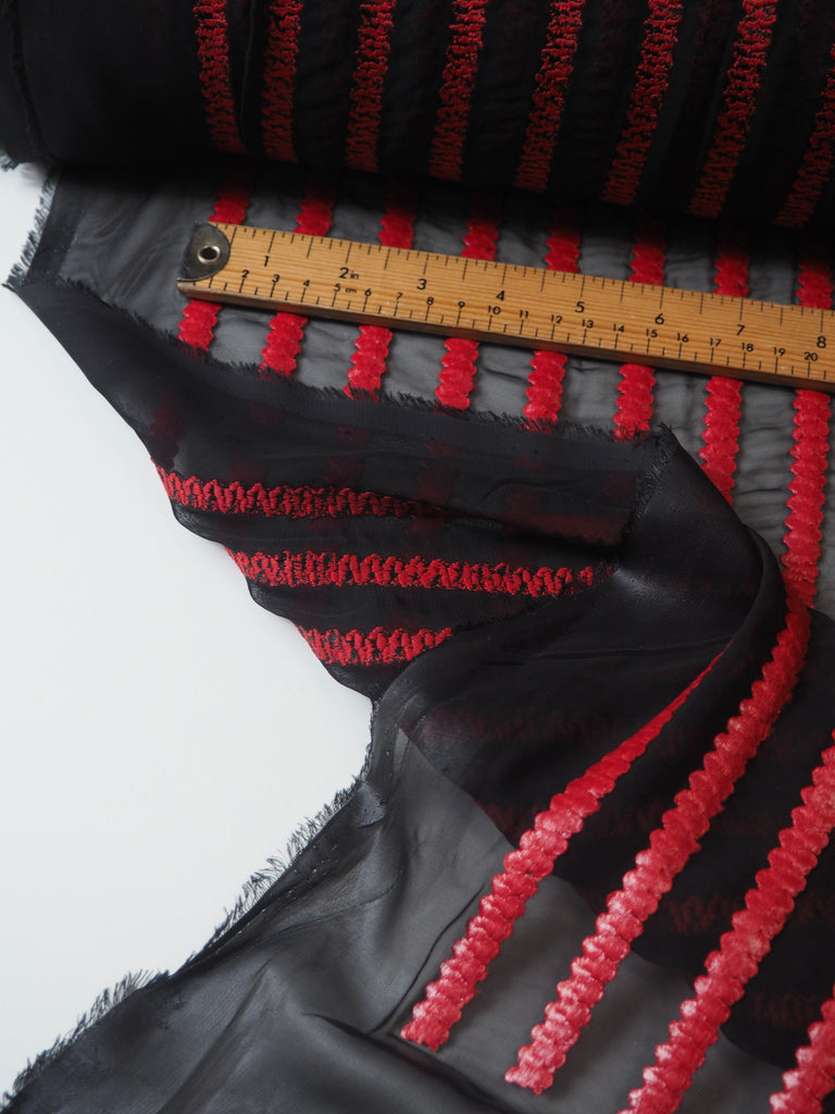 Red Embroidered Stripe Chiffon