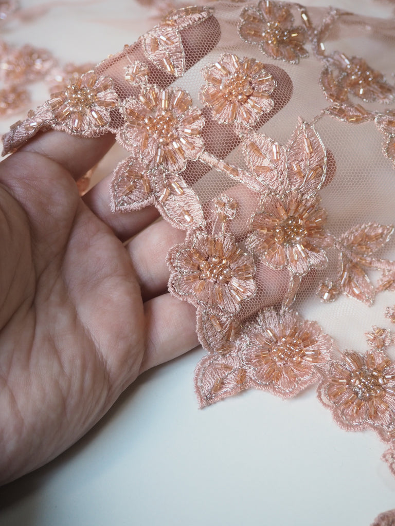 Soft Pink Lurex Beaded Embroidered Floral Tulle