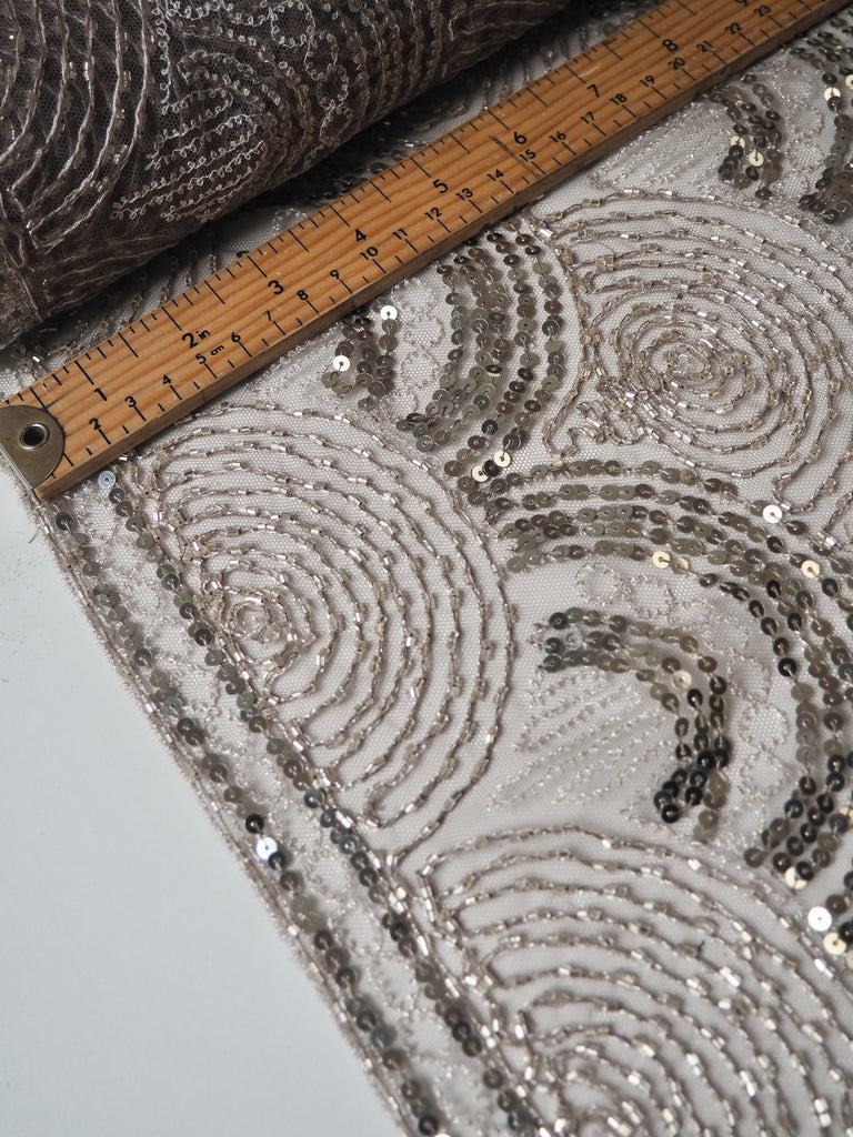 Taupe Beaded Sequin Scallop Embroidered Tulle