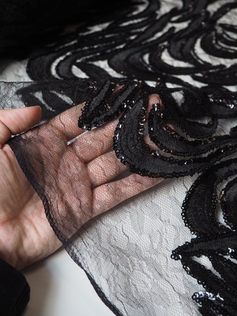 Black Trailing Vine Embroidered Sequin Lace