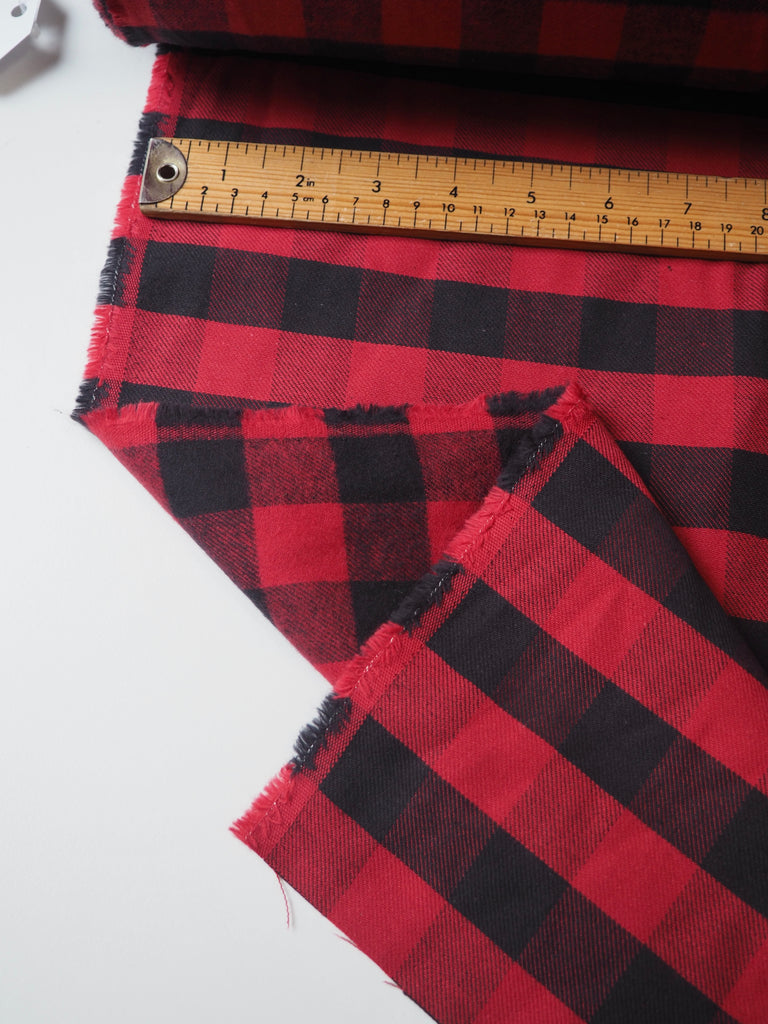 Red + Black Check Fleece-Back Cotton Twill
