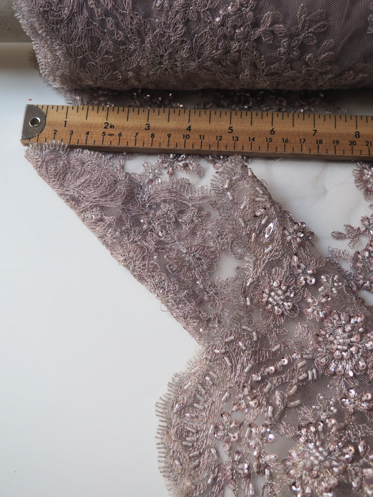 Mauve Lurex Beaded Scallop Tulle