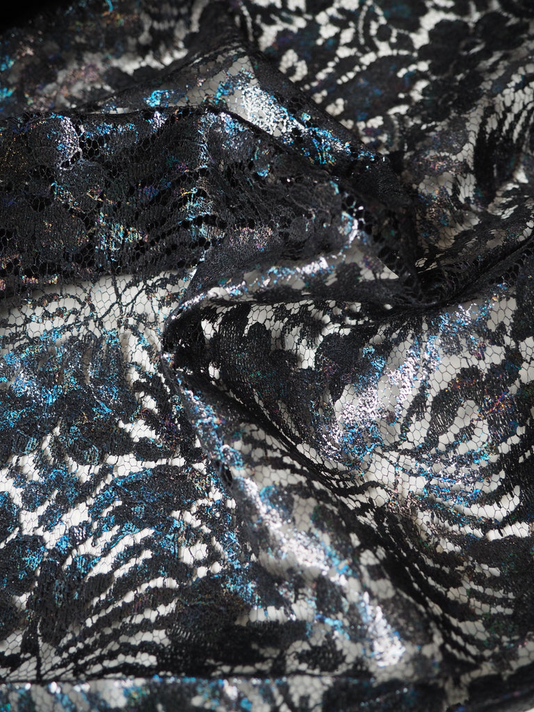 Black Holographic Foiled French Lace