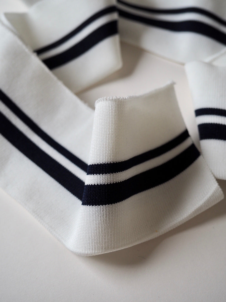 White and Navy Stripes Ribbed Double Cuff 7cm