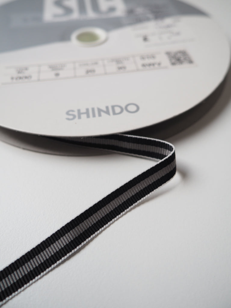Shindo Grey + Black Stripe Grosgrain Ribbon 9mm