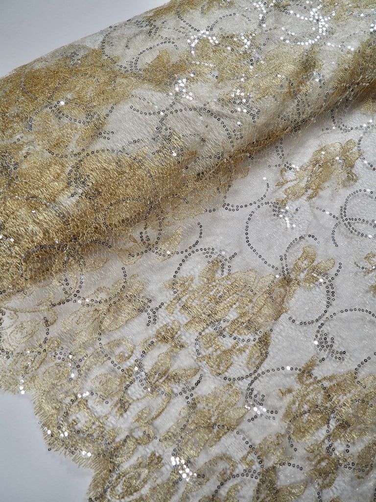 Fortuna Gold Sequinned Scallop Lace