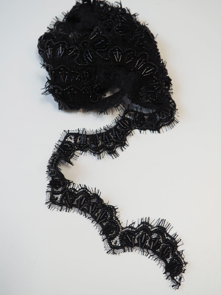 Hand Beaded Black Chantilly Lace Trim