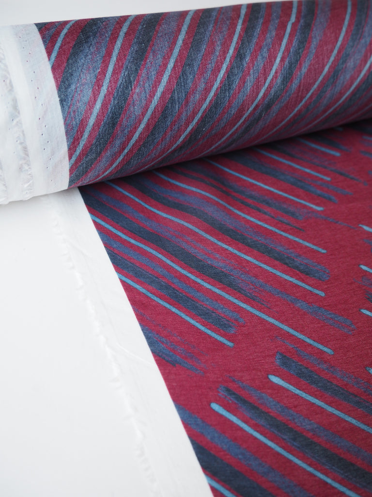 Burgundy and Navy Bias Brushstroke Cotton Voile